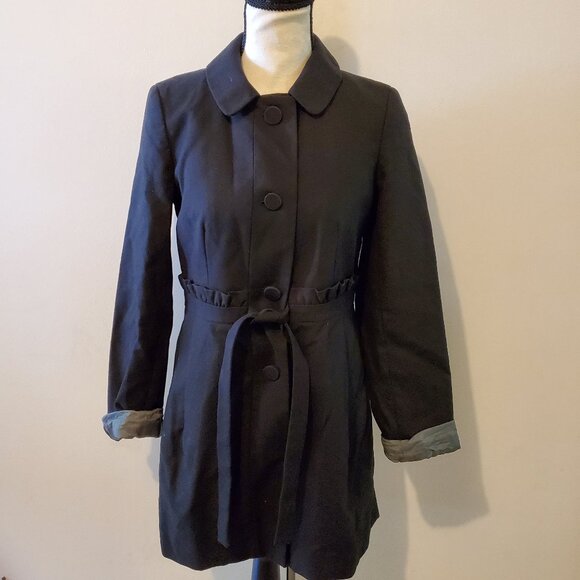 J. Crew black ruffle fall spring trench coat sz 2 - Picture 1 of 4